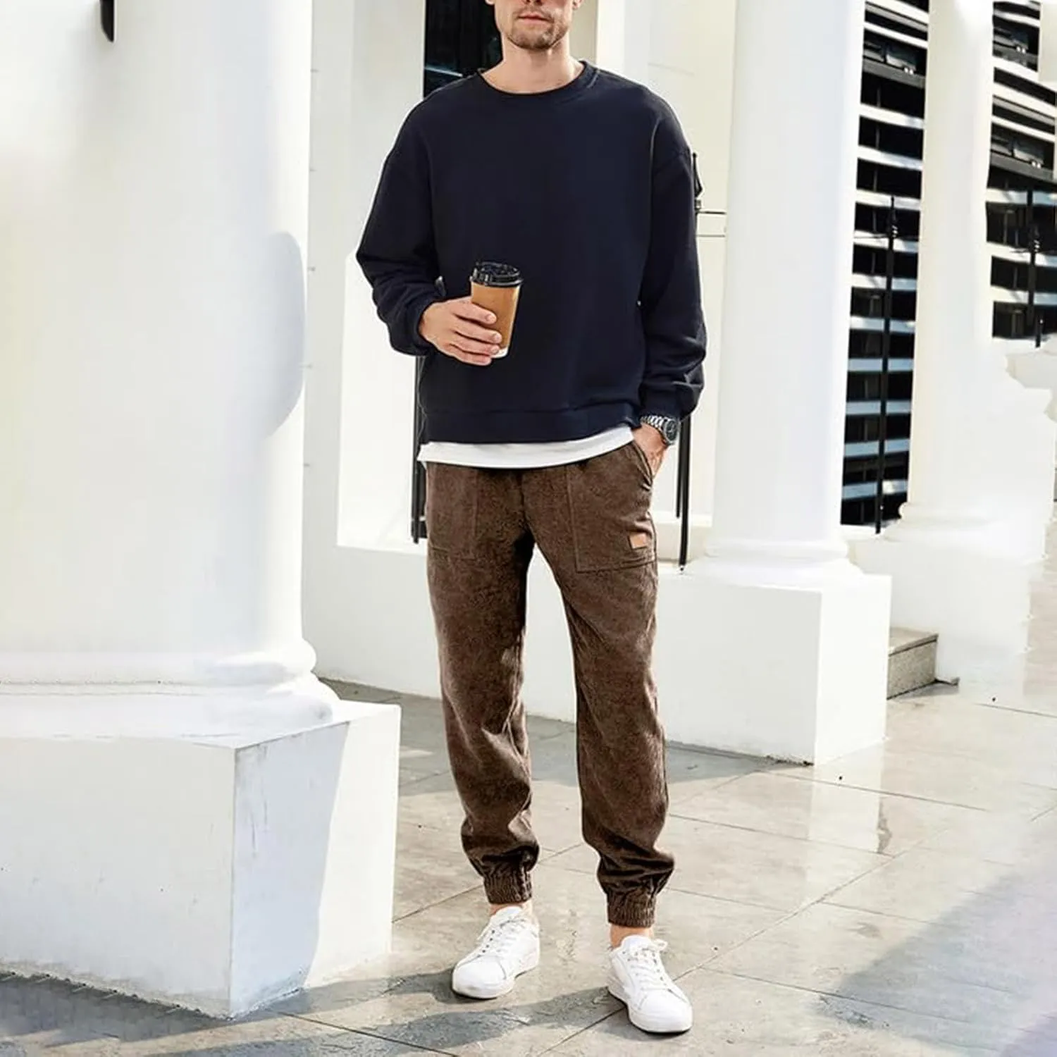 Men's Corduroy Pants Drawstring Elastic Waist Casual Tapered Trousers Fashion Streetwear Joggers Pants with Pockets