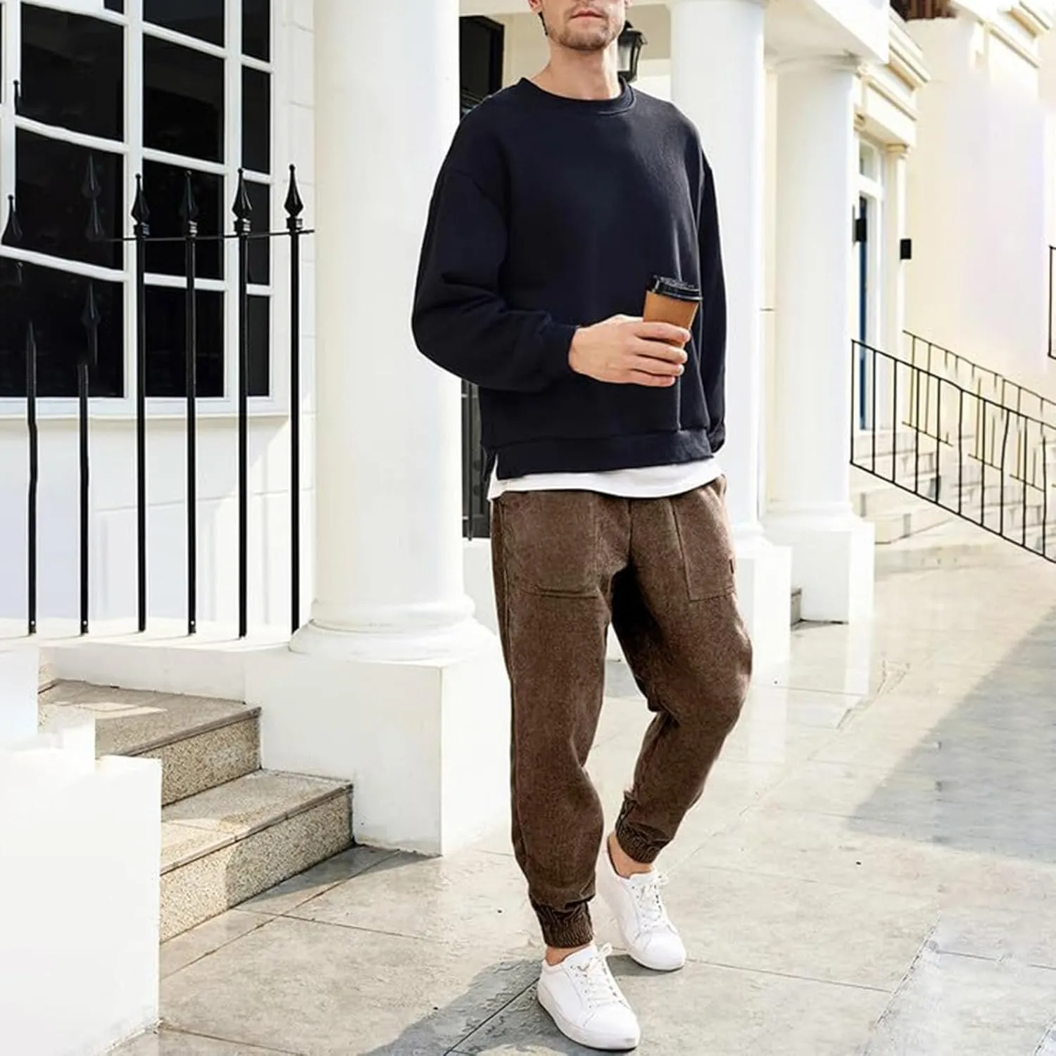 Men's Corduroy Pants Drawstring Elastic Waist Casual Tapered Trousers Fashion Streetwear Joggers Pants with Pockets