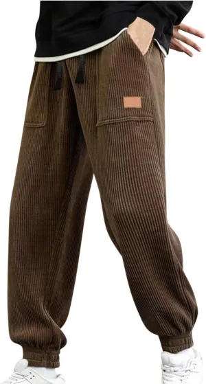 Men's Corduroy Pants Drawstring Elastic Waist Casual Tapered Trousers Fashion Streetwear Joggers Pants with Pockets