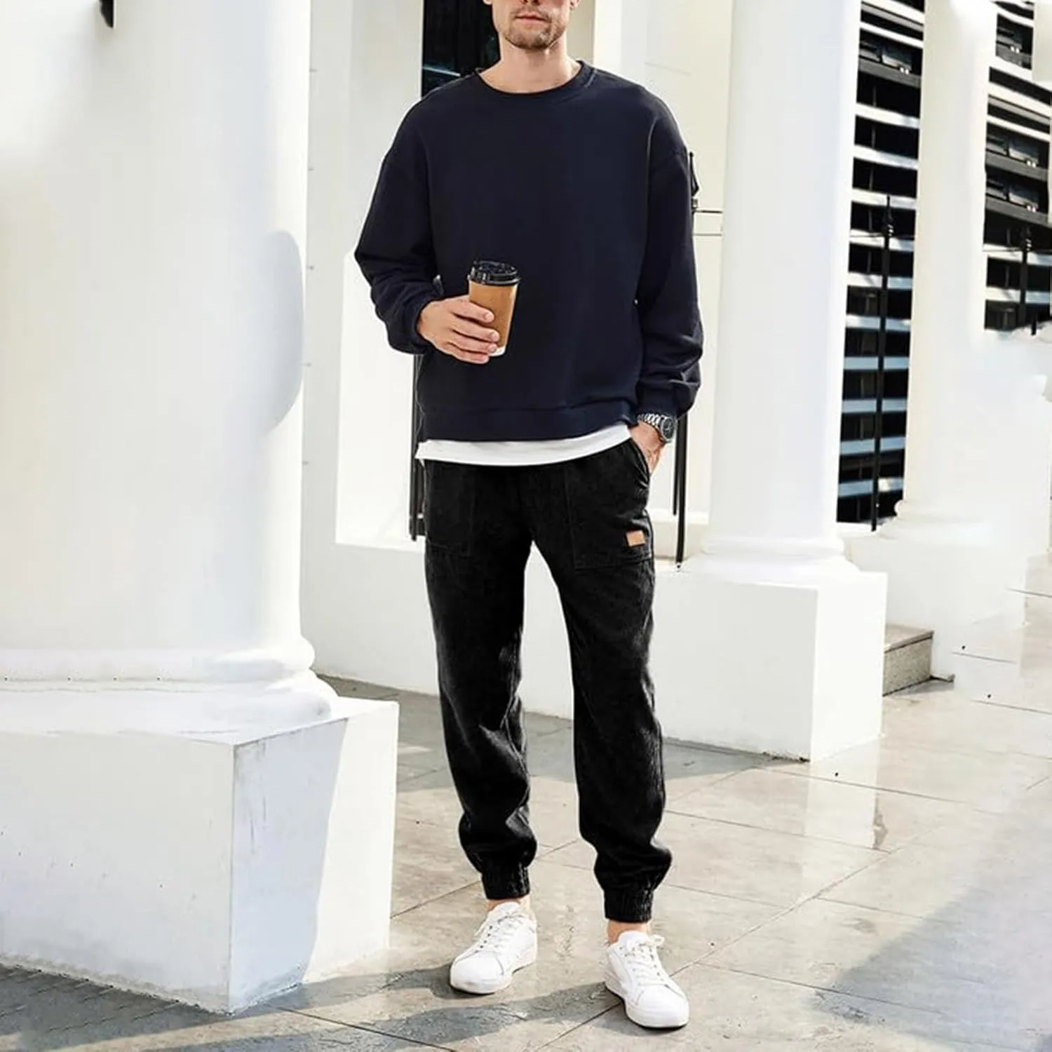 Men's Corduroy Pants Drawstring Elastic Waist Casual Tapered Trousers Fashion Streetwear Joggers Pants with Pockets