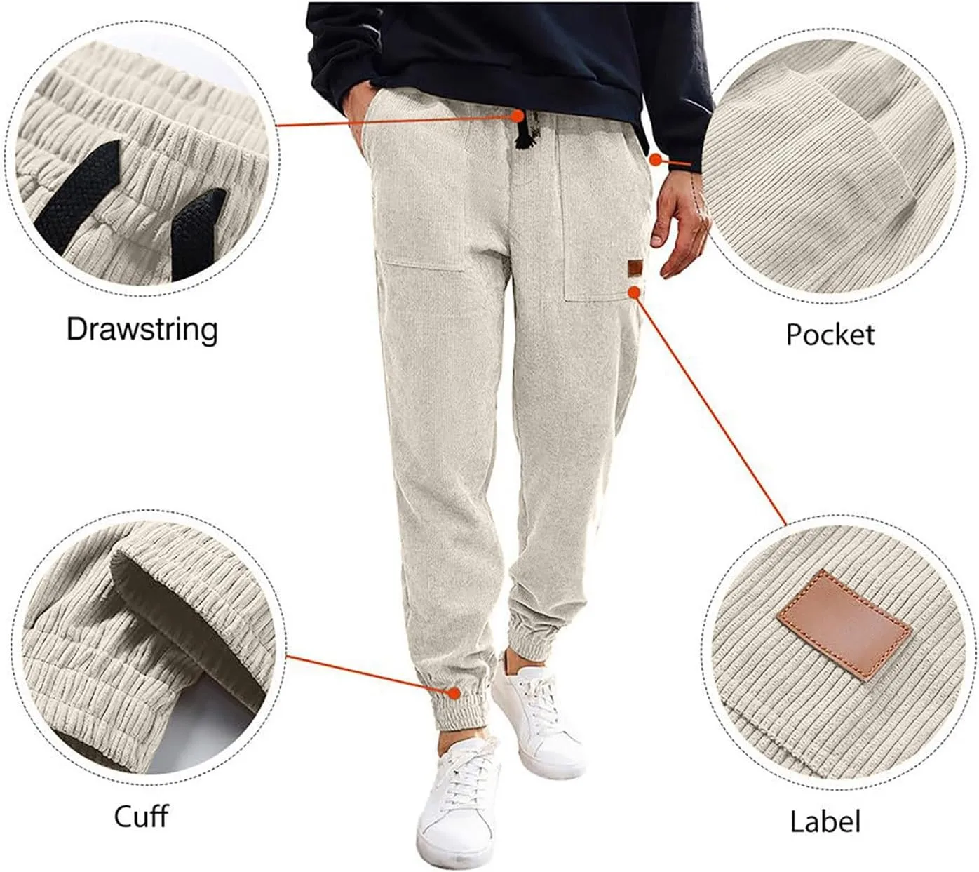 Men's Corduroy Pants Drawstring Elastic Waist Casual Tapered Trousers Fashion Streetwear Joggers Pants with Pockets