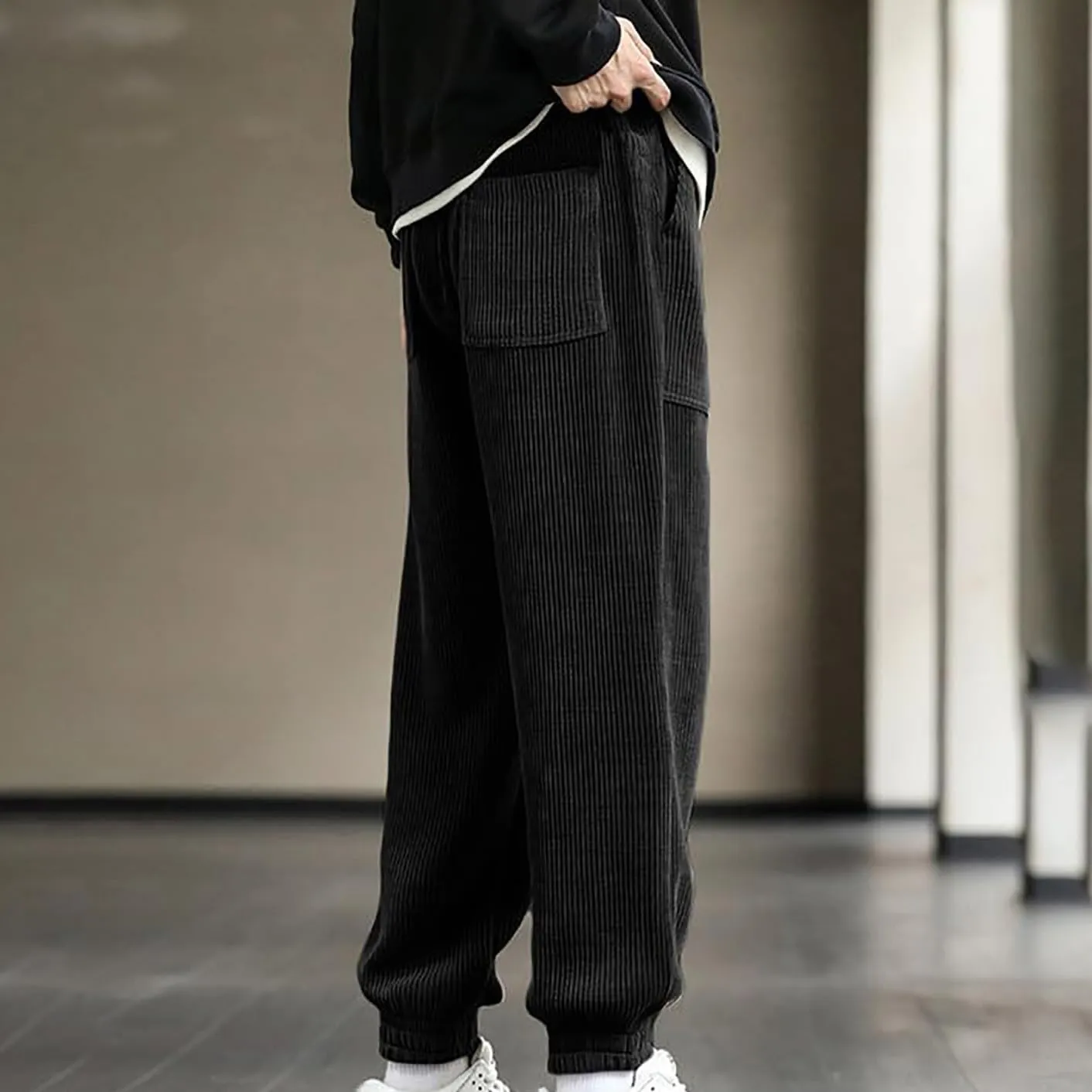Men's Corduroy Pants Drawstring Elastic Waist Casual Tapered Trousers Fashion Streetwear Joggers Pants with Pockets