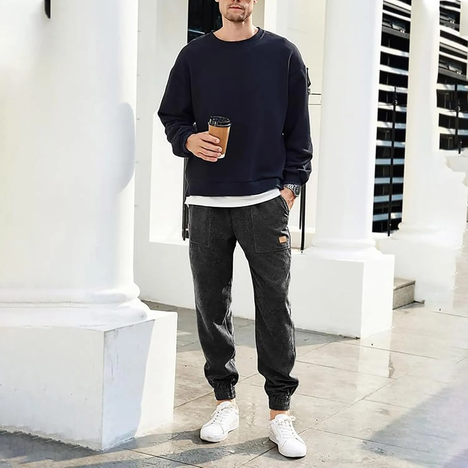 Men's Corduroy Pants Drawstring Elastic Waist Casual Tapered Trousers Fashion Streetwear Joggers Pants with Pockets