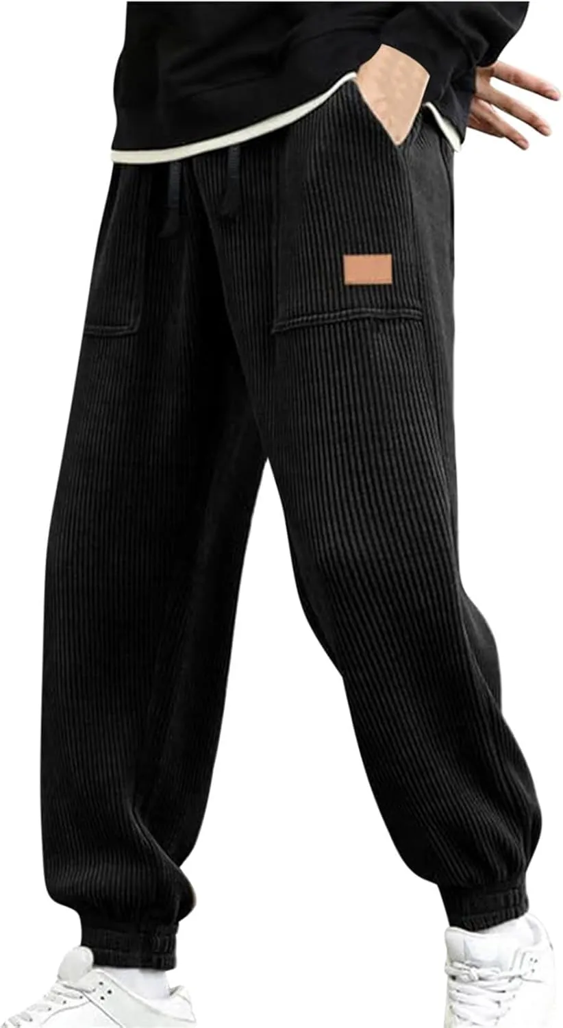 Men's Corduroy Pants Drawstring Elastic Waist Casual Tapered Trousers Fashion Streetwear Joggers Pants with Pockets