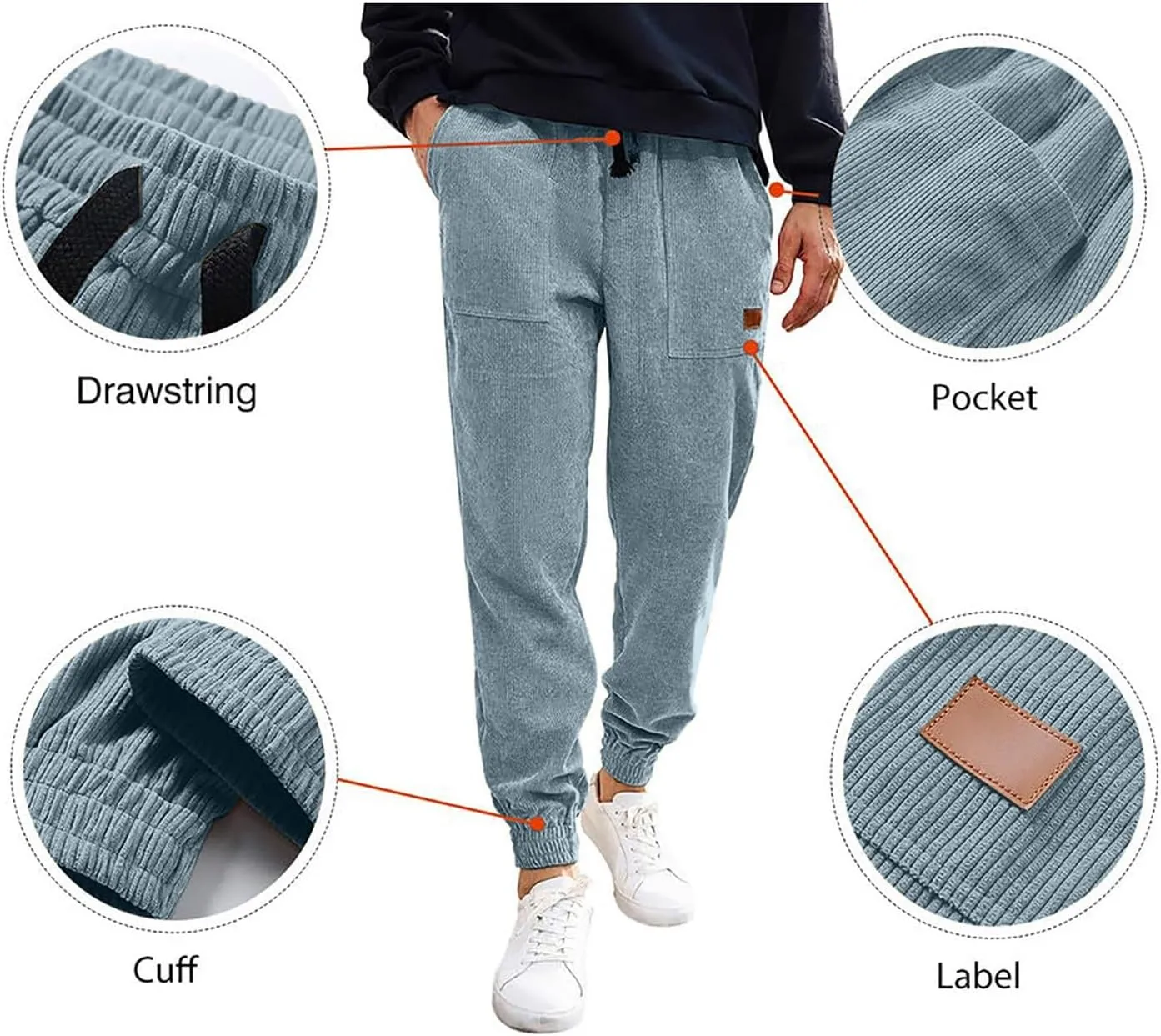 Men's Corduroy Pants Drawstring Elastic Waist Casual Tapered Trousers Fashion Streetwear Joggers Pants with Pockets
