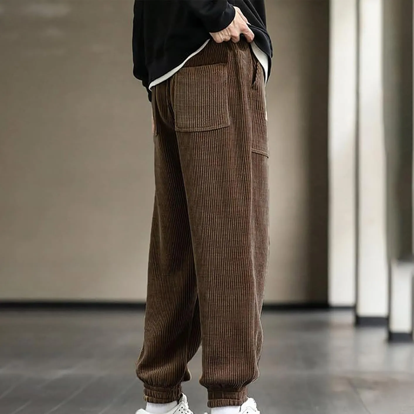 Men's Corduroy Pants Drawstring Elastic Waist Casual Tapered Trousers Fashion Streetwear Joggers Pants with Pockets
