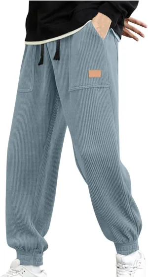 Men's Corduroy Pants Drawstring Elastic Waist Casual Tapered Trousers Fashion Streetwear Joggers Pants with Pockets