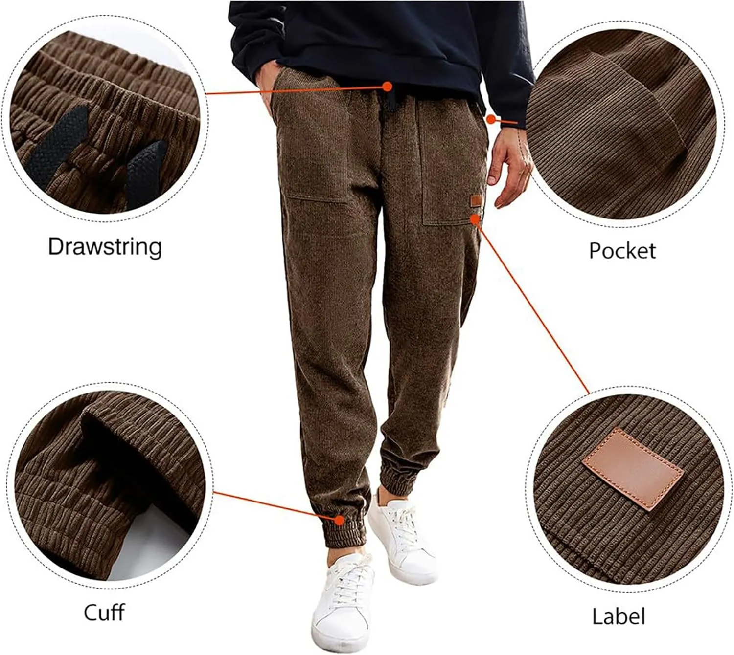 Men's Corduroy Pants Drawstring Elastic Waist Casual Tapered Trousers Fashion Streetwear Joggers Pants with Pockets