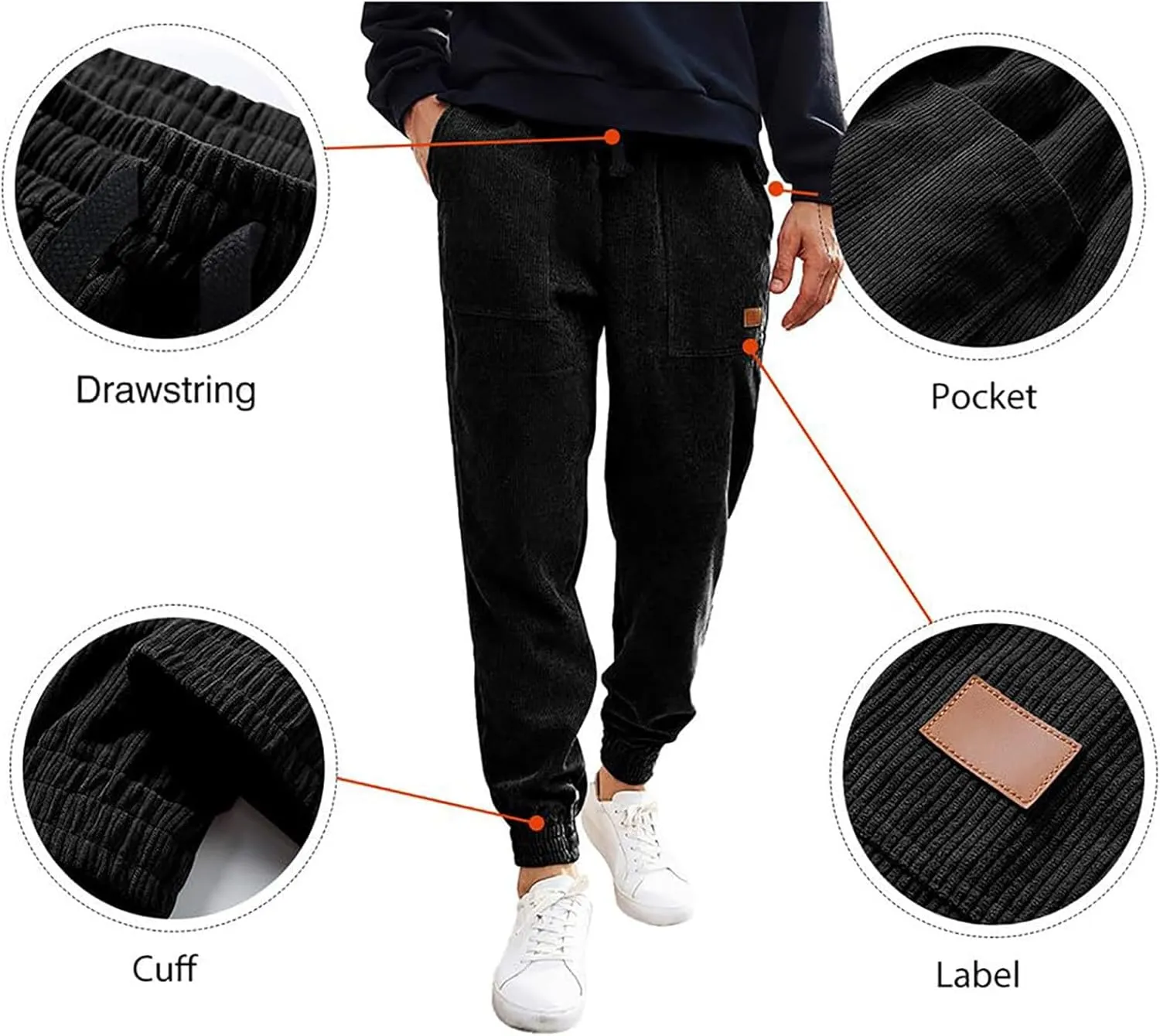 Men's Corduroy Pants Drawstring Elastic Waist Casual Tapered Trousers Fashion Streetwear Joggers Pants with Pockets