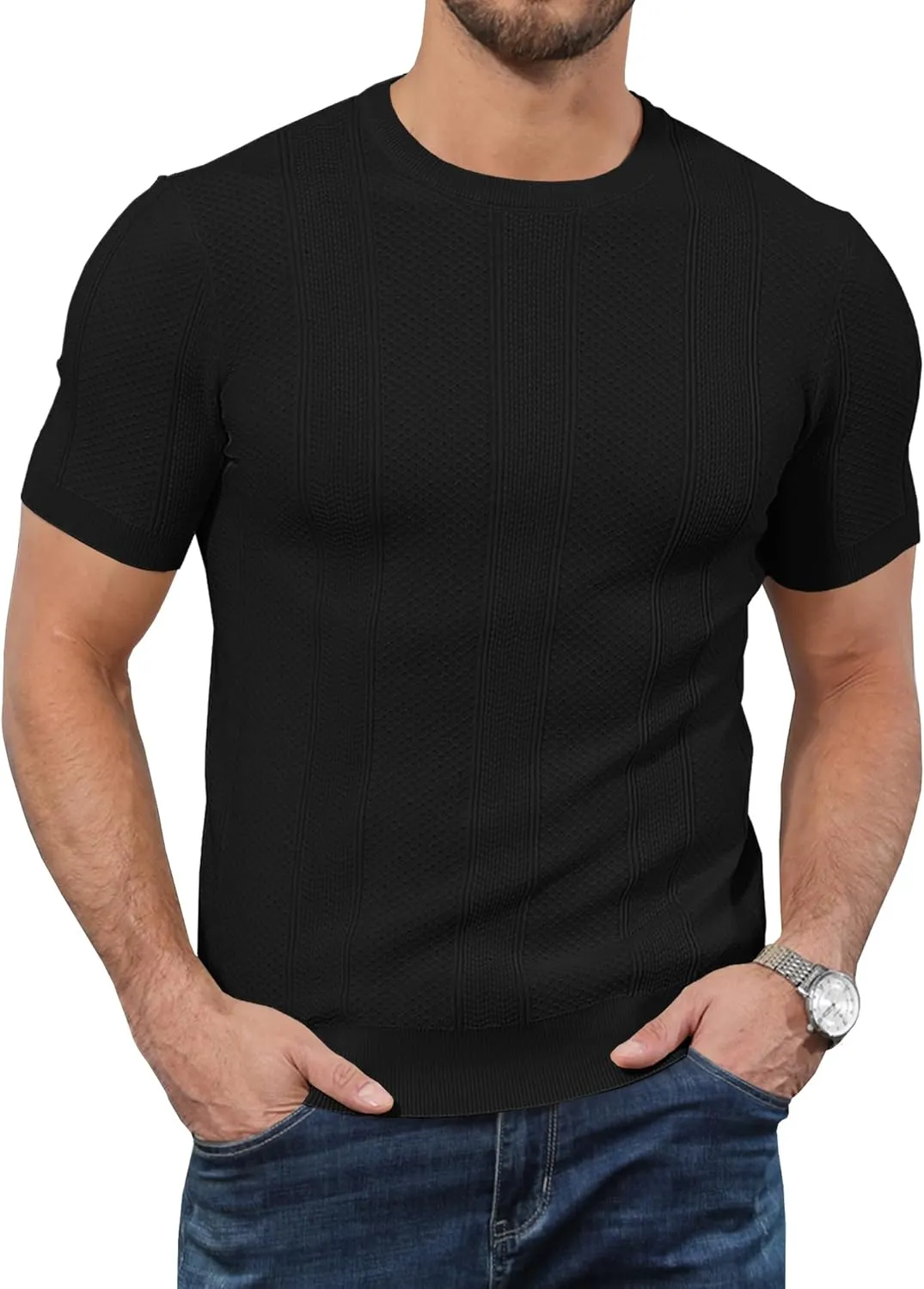 Men's Knit T-Shirts Short Sleeve Casual Crewneck Solid Textured Pullover Tees
