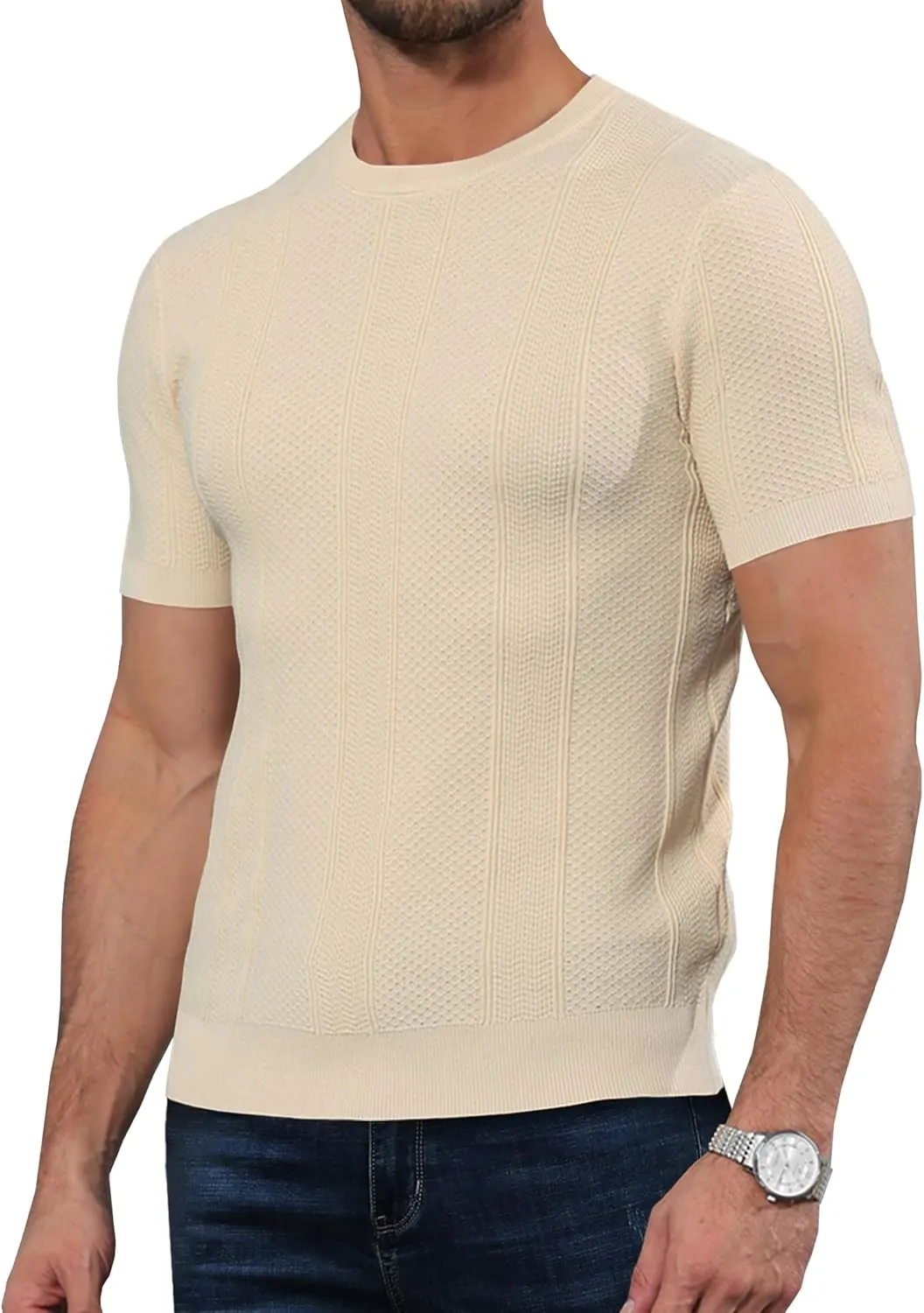 Men's Knit T-Shirts Short Sleeve Casual Crewneck Solid Textured Pullover Tees