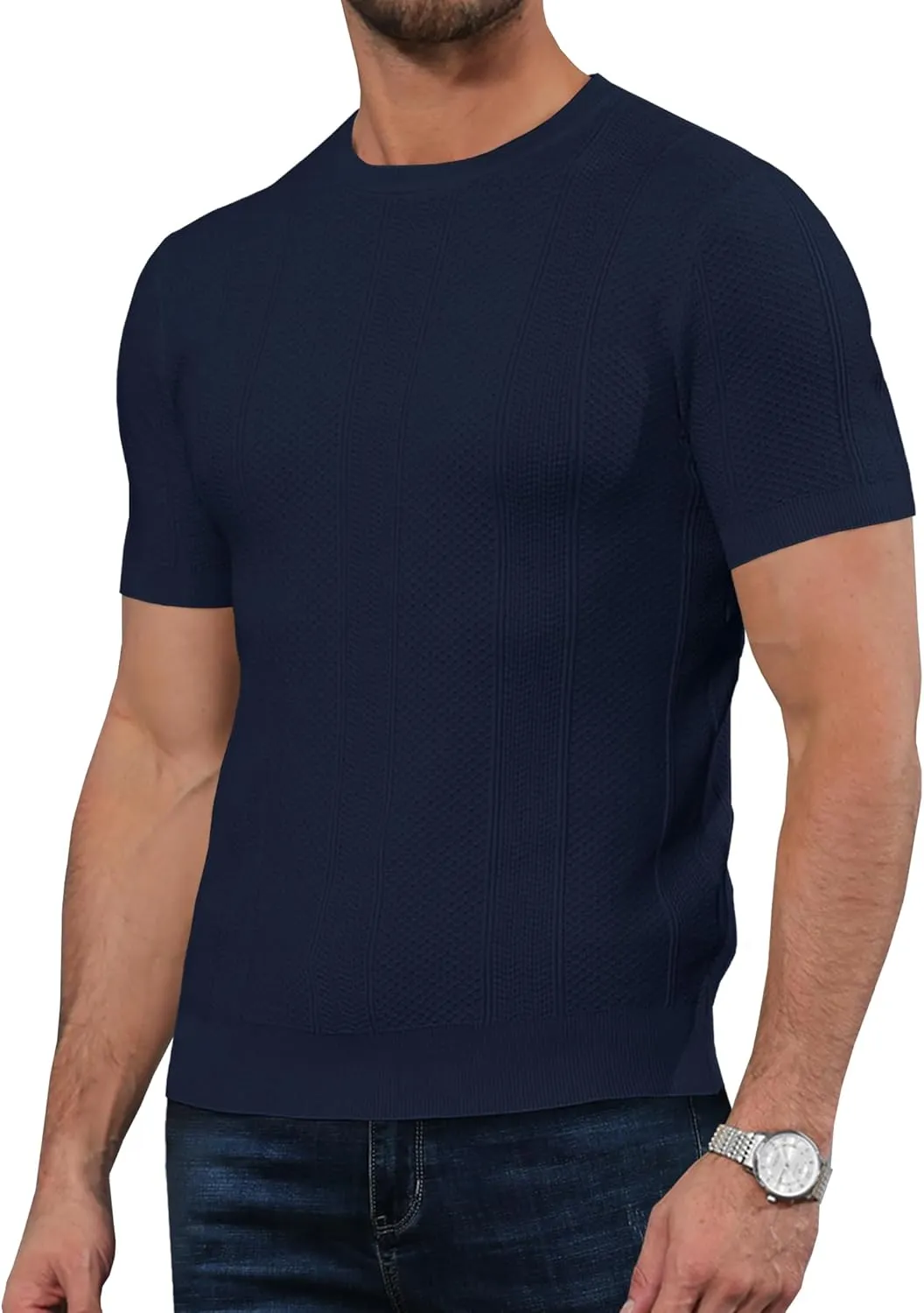 Men's Knit T-Shirts Short Sleeve Casual Crewneck Solid Textured Pullover Tees