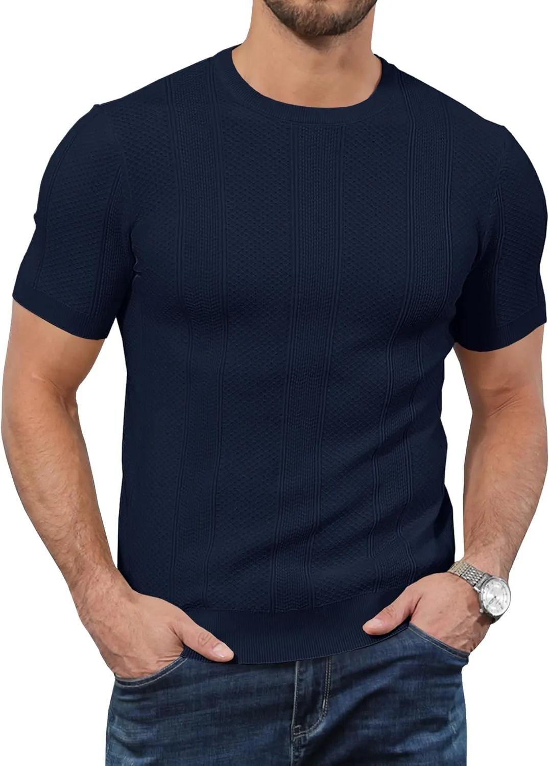 Men's Knit T-Shirts Short Sleeve Casual Crewneck Solid Textured Pullover Tees