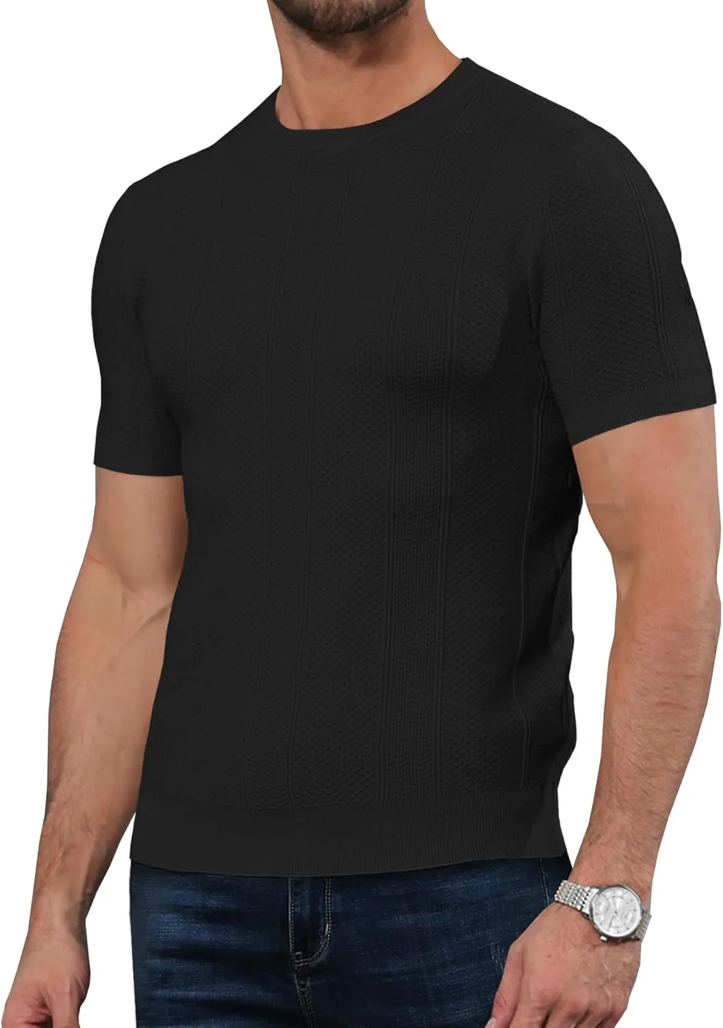 Men's Knit T-Shirts Short Sleeve Casual Crewneck Solid Textured Pullover Tees