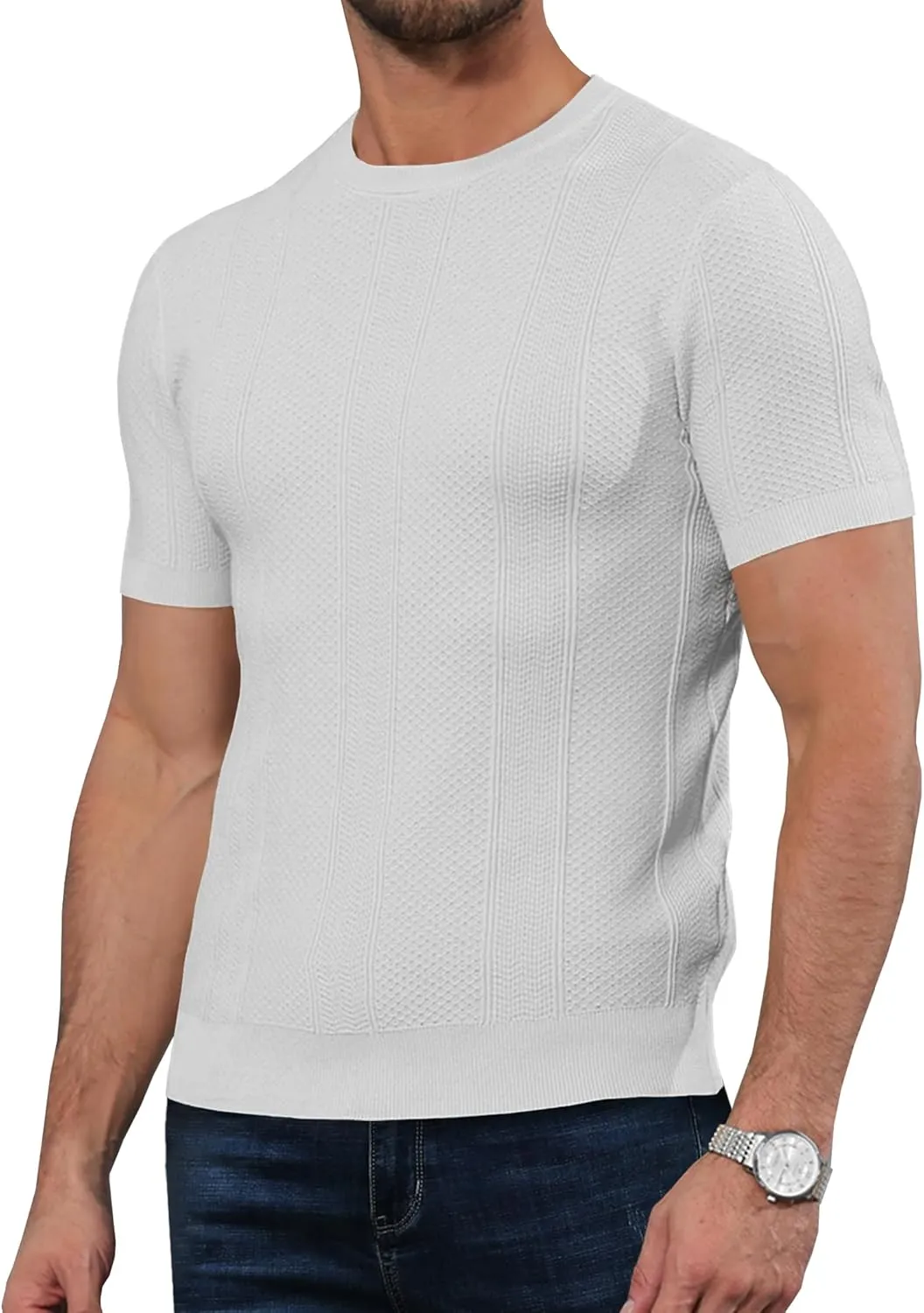 Men's Knit T-Shirts Short Sleeve Casual Crewneck Solid Textured Pullover Tees