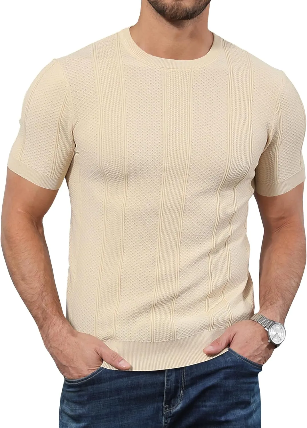 Men's Knit T-Shirts Short Sleeve Casual Crewneck Solid Textured Pullover Tees