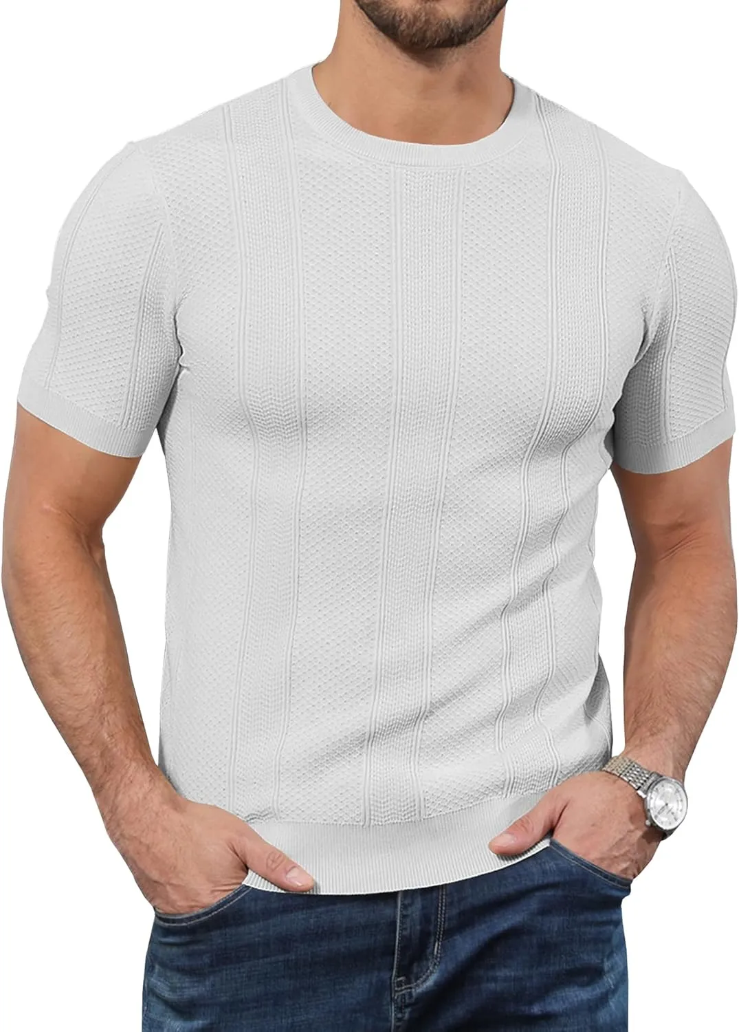 Men's Knit T-Shirts Short Sleeve Casual Crewneck Solid Textured Pullover Tees