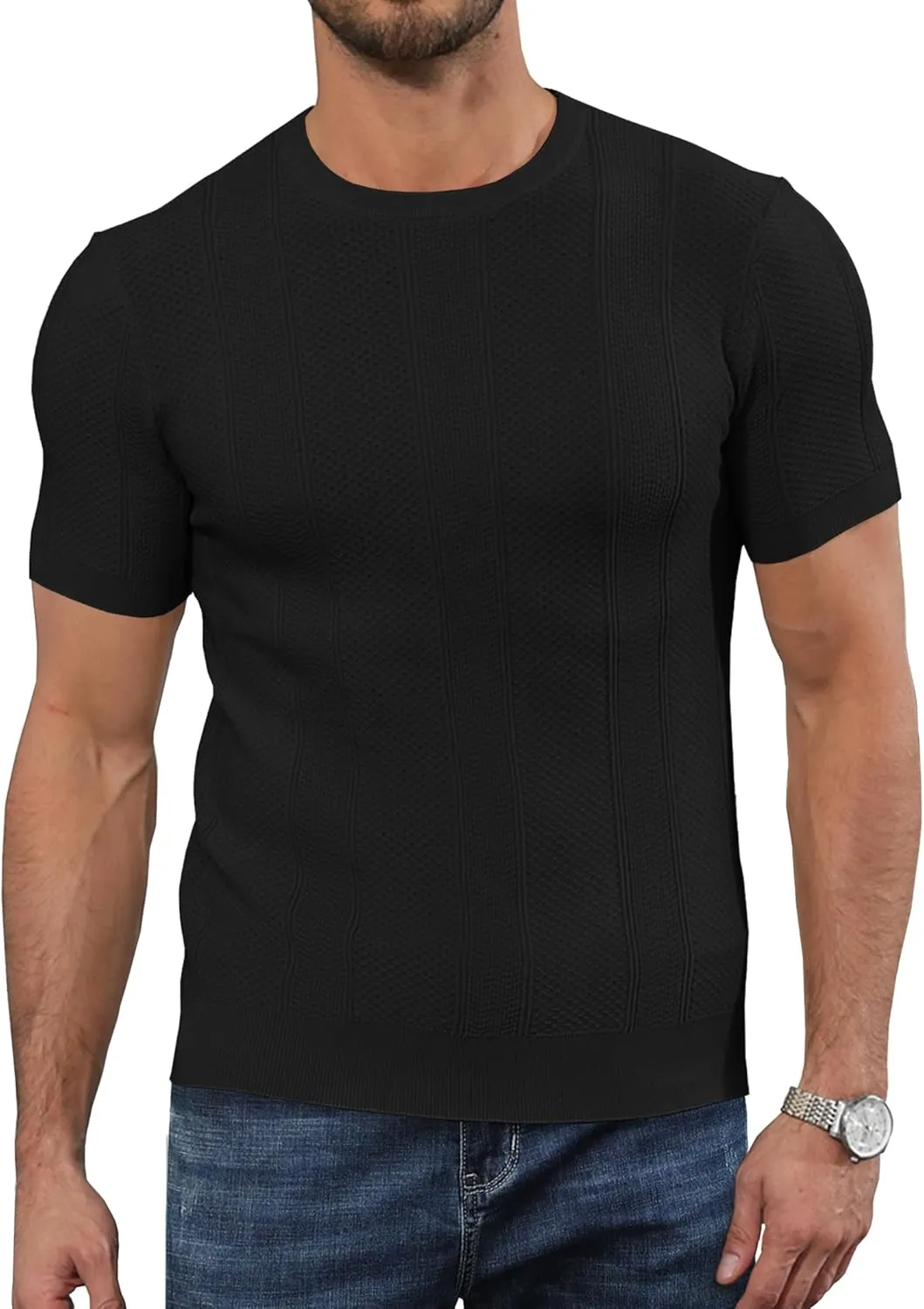 Men's Knit T-Shirts Short Sleeve Casual Crewneck Solid Textured Pullover Tees