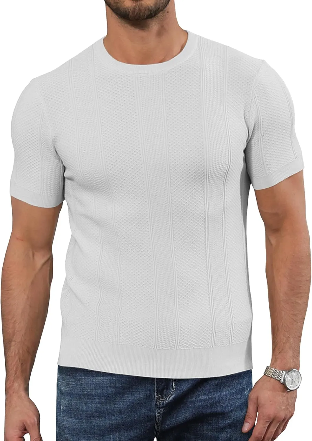 Men's Knit T-Shirts Short Sleeve Casual Crewneck Solid Textured Pullover Tees