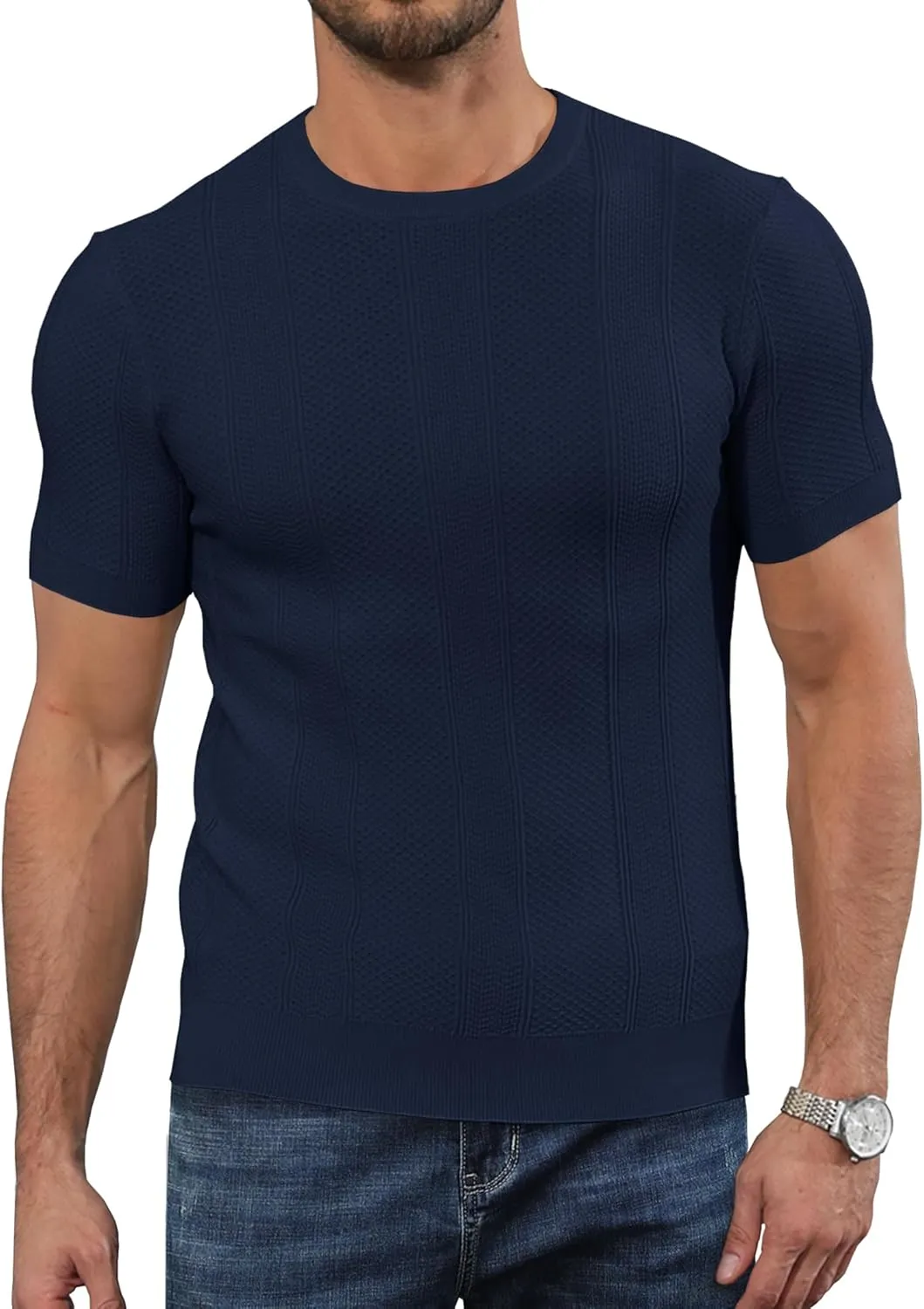 Men's Knit T-Shirts Short Sleeve Casual Crewneck Solid Textured Pullover Tees