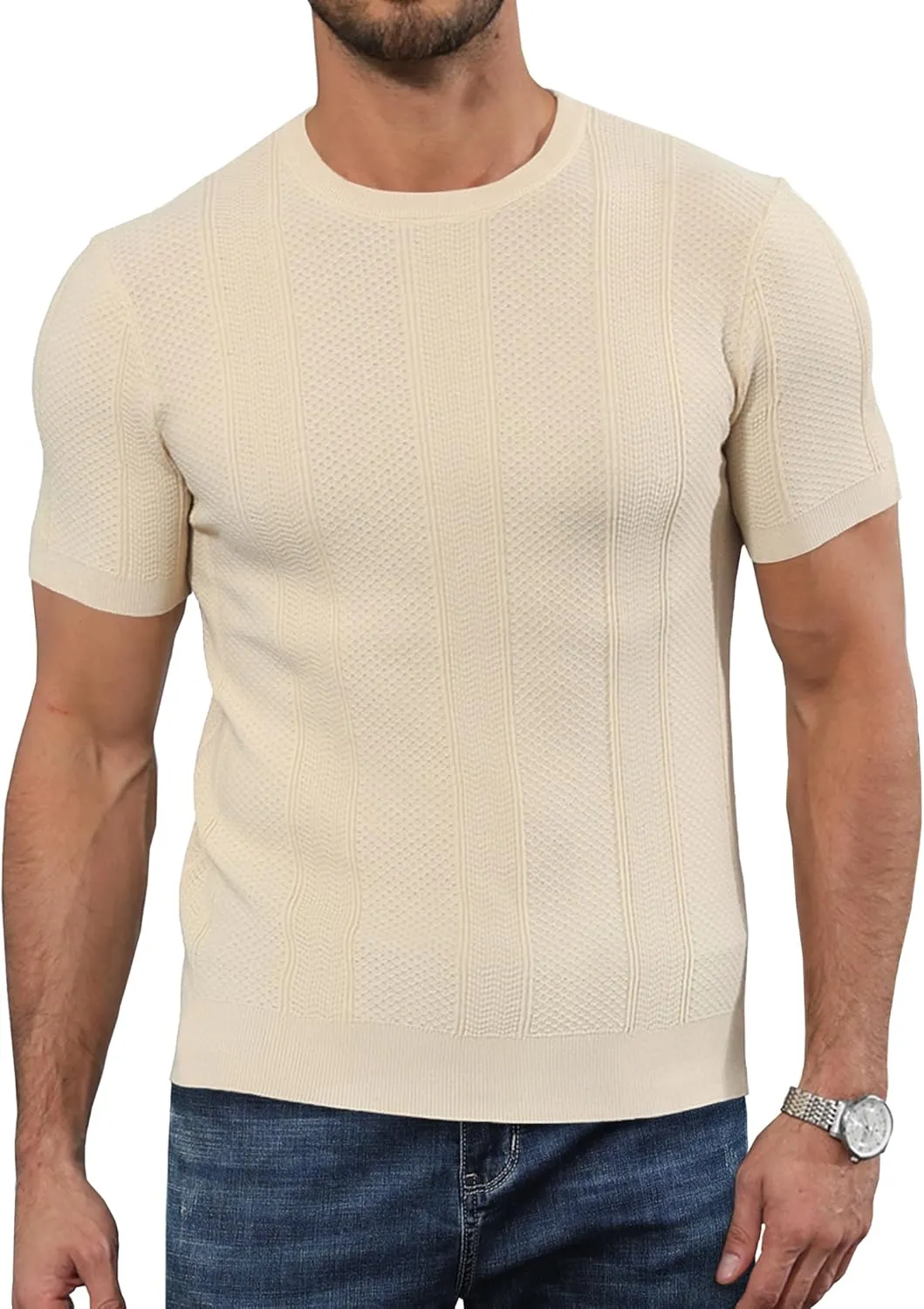 Men's Knit T-Shirts Short Sleeve Casual Crewneck Solid Textured Pullover Tees