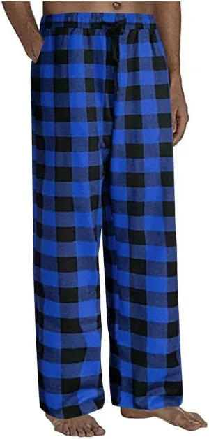 Mens Pajama Pants Lounge Plaid Print Bottoms Drawstring Workout Trousers Vintage Fashion Sleep Bottoms with Pockets