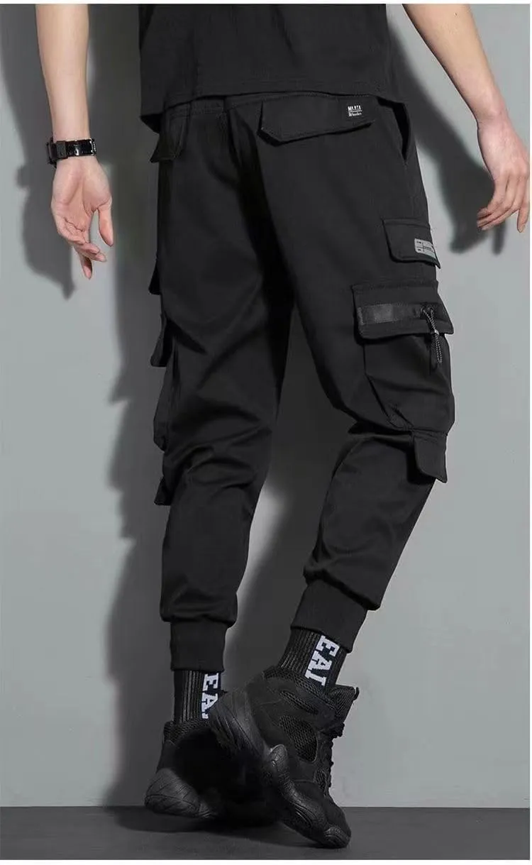Men's Spring Cargo Pants Casual Streetwear Style with Ribbons Harem Jogging Pants and Multiple-Pocket Trousers