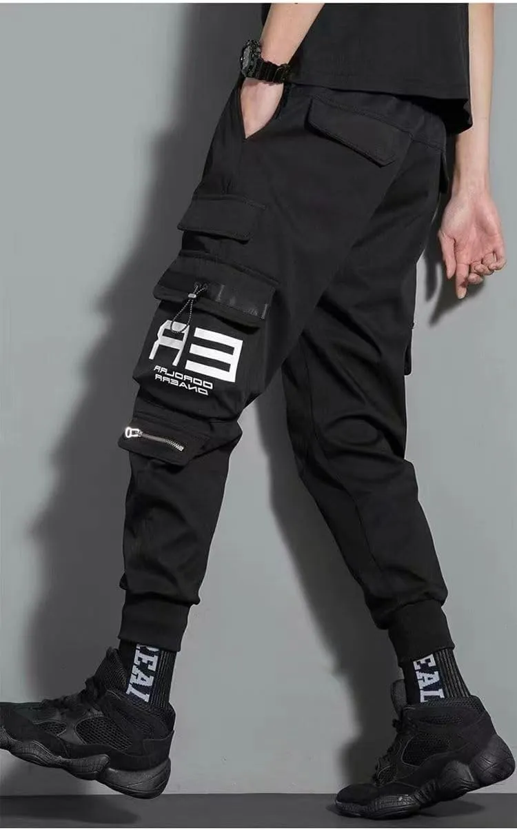 Men's Spring Cargo Pants Casual Streetwear Style with Ribbons Harem Jogging Pants and Multiple-Pocket Trousers