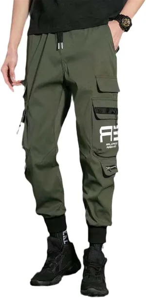 Men's Spring Cargo Pants Casual Streetwear Style with Ribbons Harem Jogging Pants and Multiple-Pocket Trousers