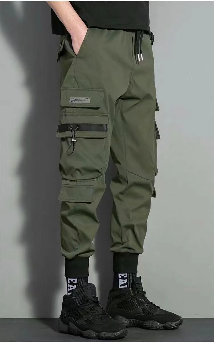 Men's Spring Cargo Pants Casual Streetwear Style with Ribbons Harem Jogging Pants and Multiple-Pocket Trousers
