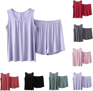 Miyaomn Pajamas Set for Women Comfortable Sleeveless Tank Top and Shorts Sets Solid Color Loose Vest Cami Soft Sleepwear 2pc