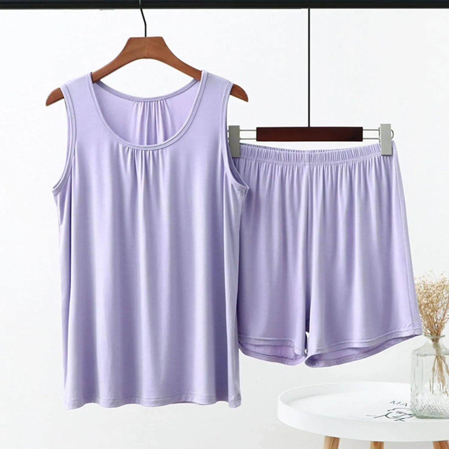Miyaomn Pajamas Set for Women Comfortable Sleeveless Tank Top and Shorts Sets Solid Color Loose Vest Cami Soft Sleepwear 2pc