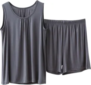 Miyaomn Pajamas Set for Women Comfortable Sleeveless Tank Top and Shorts Sets Solid Color Loose Vest Cami Soft Sleepwear 2pc