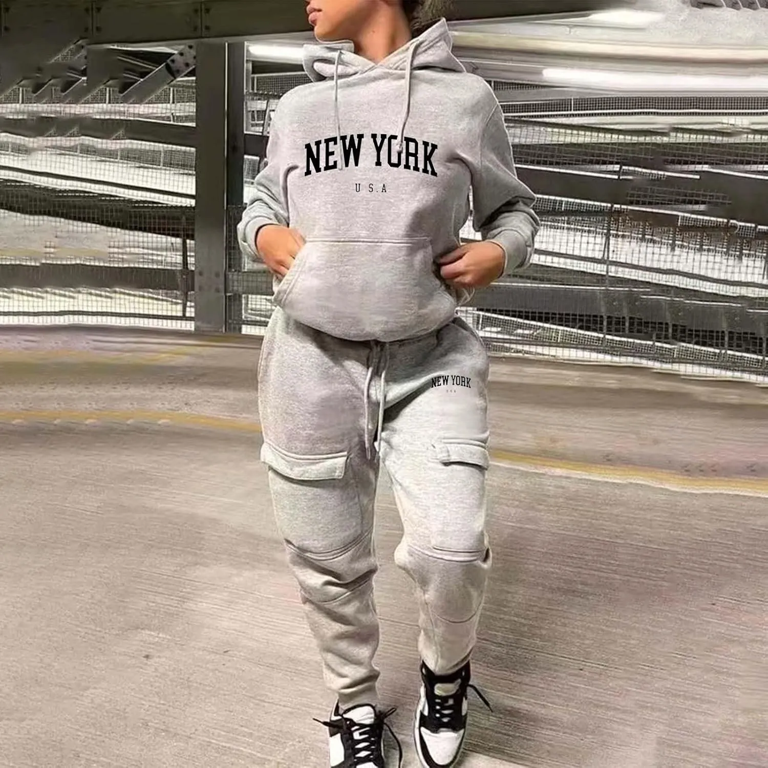 NEW YORK Sweatsuit For Women 2 Piece Outfits Multiple Pockets Jogger Track Suits with Joggers Sweatpants Hooded Tracksuit Set