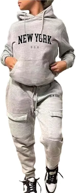 NEW YORK Sweatsuit For Women 2 Piece Outfits Multiple Pockets Jogger Track Suits with Joggers Sweatpants Hooded Tracksuit Set