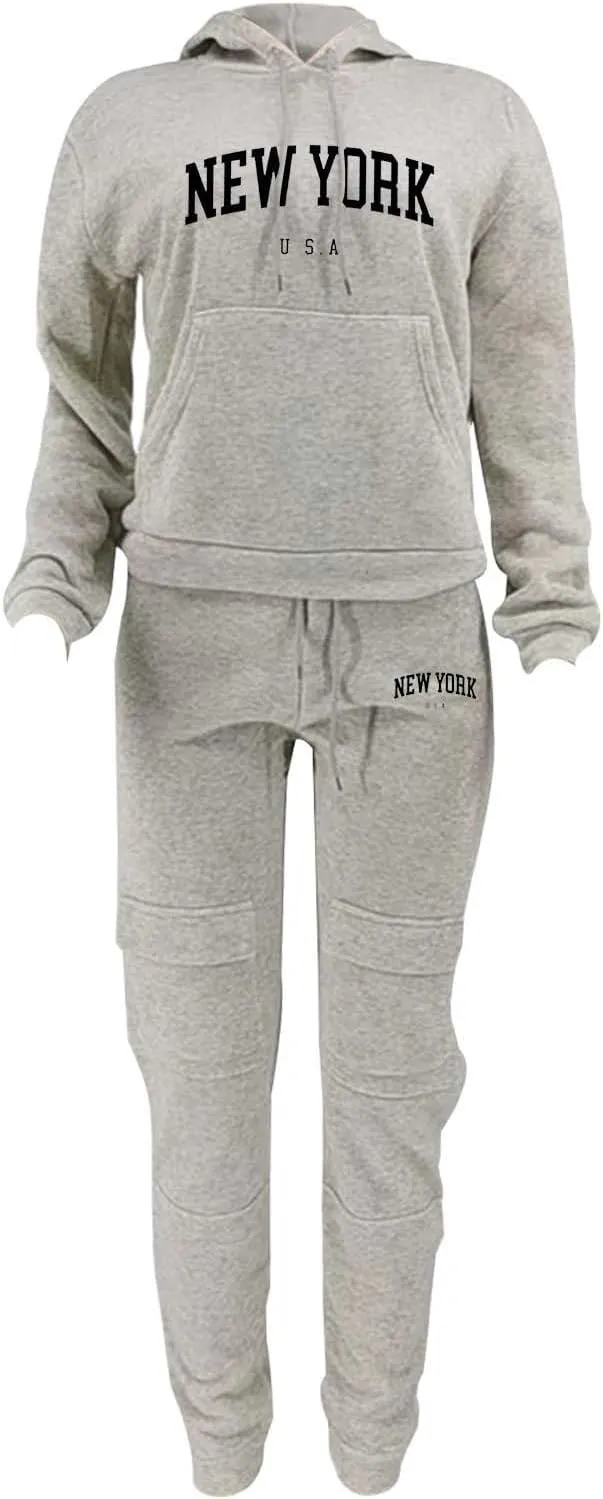 NEW YORK Sweatsuit For Women 2 Piece Outfits Multiple Pockets Jogger Track Suits with Joggers Sweatpants Hooded Tracksuit Set