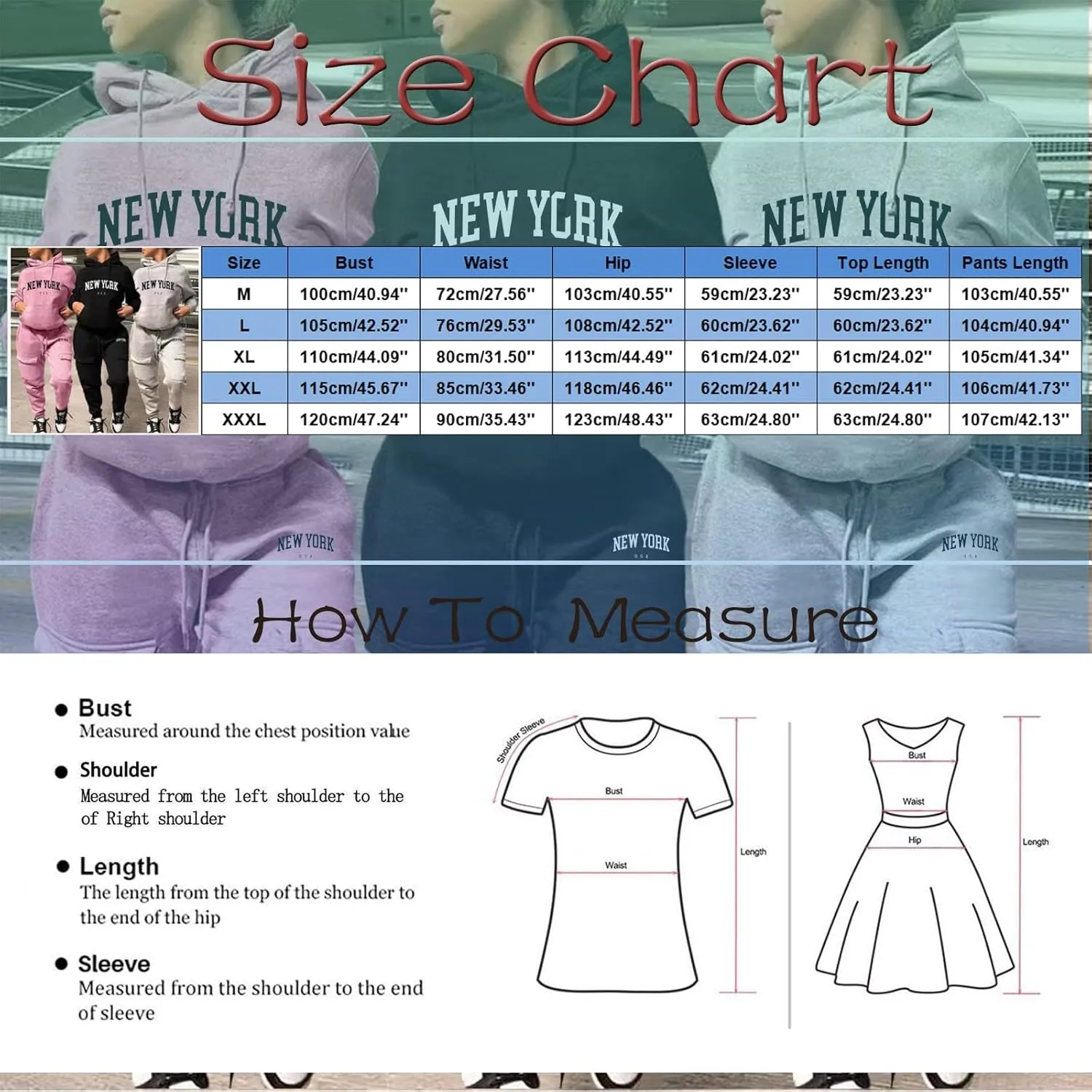 NEW YORK Sweatsuit For Women 2 Piece Outfits Multiple Pockets Jogger Track Suits with Joggers Sweatpants Hooded Tracksuit Set