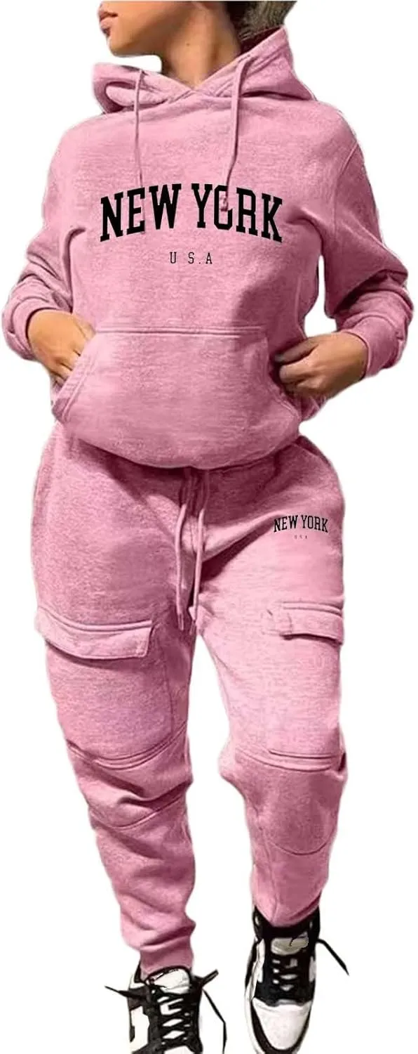 NEW YORK Sweatsuit For Women 2 Piece Outfits Multiple Pockets Jogger Track Suits with Joggers Sweatpants Hooded Tracksuit Set