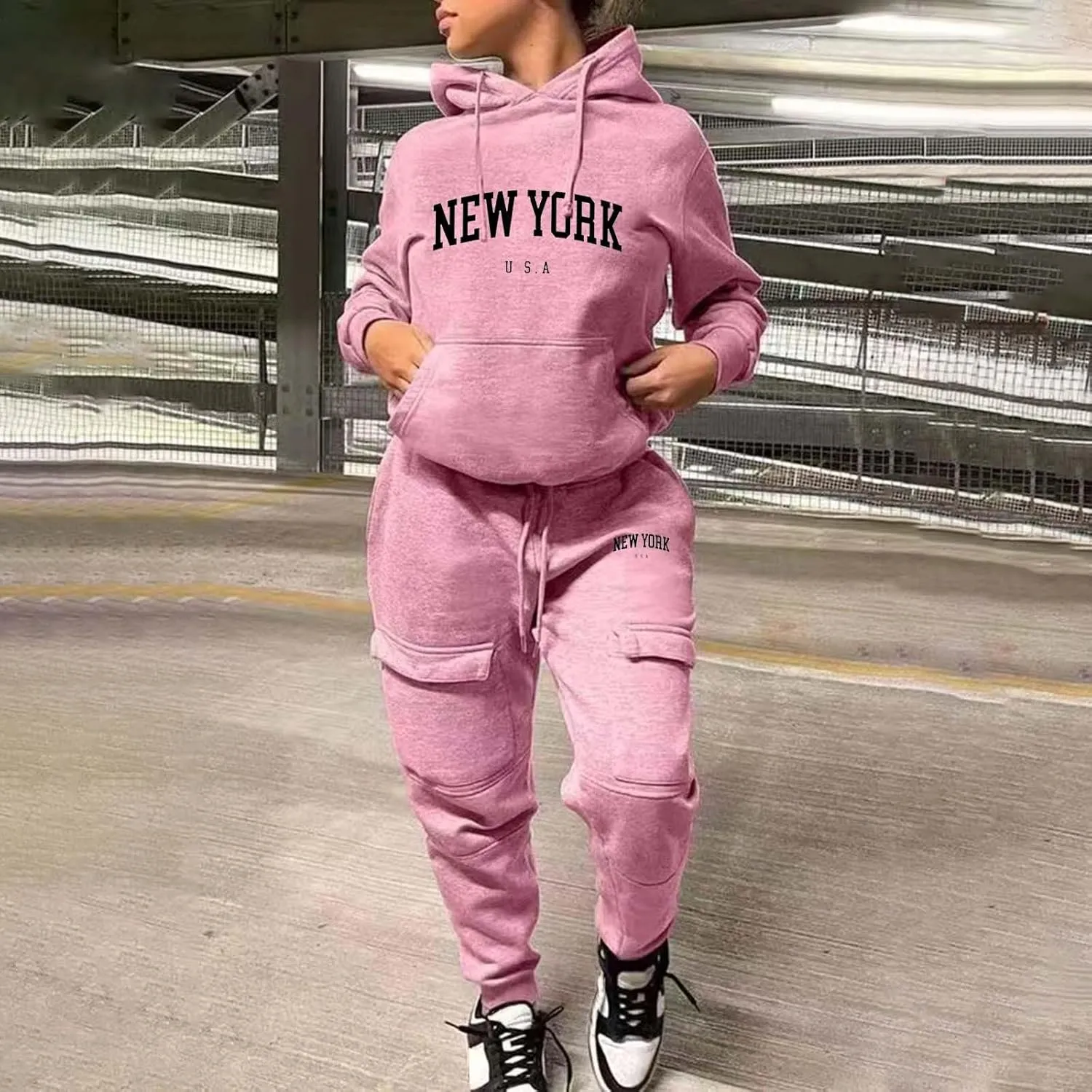 NEW YORK Sweatsuit For Women 2 Piece Outfits Multiple Pockets Jogger Track Suits with Joggers Sweatpants Hooded Tracksuit Set