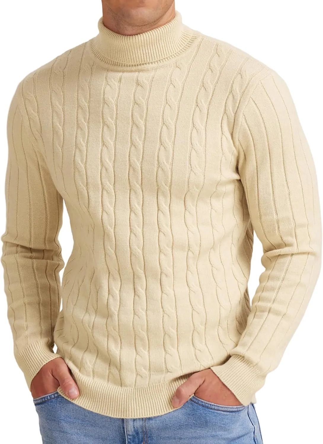 NITAGUT Men's Casual Turtleneck Sweaters Warm Twisted Pattern Knitted Slim Fit Pullover Sweater