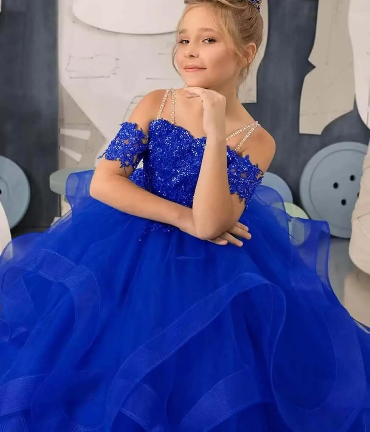 Off Shoulder Pageant Dresses for Girls Lace Applique Ruffle Flower Girl Dress Princess Ball Gown