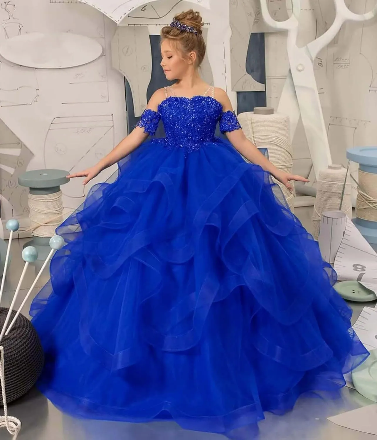 Off Shoulder Pageant Dresses for Girls Lace Applique Ruffle Flower Girl Dress Princess Ball Gown