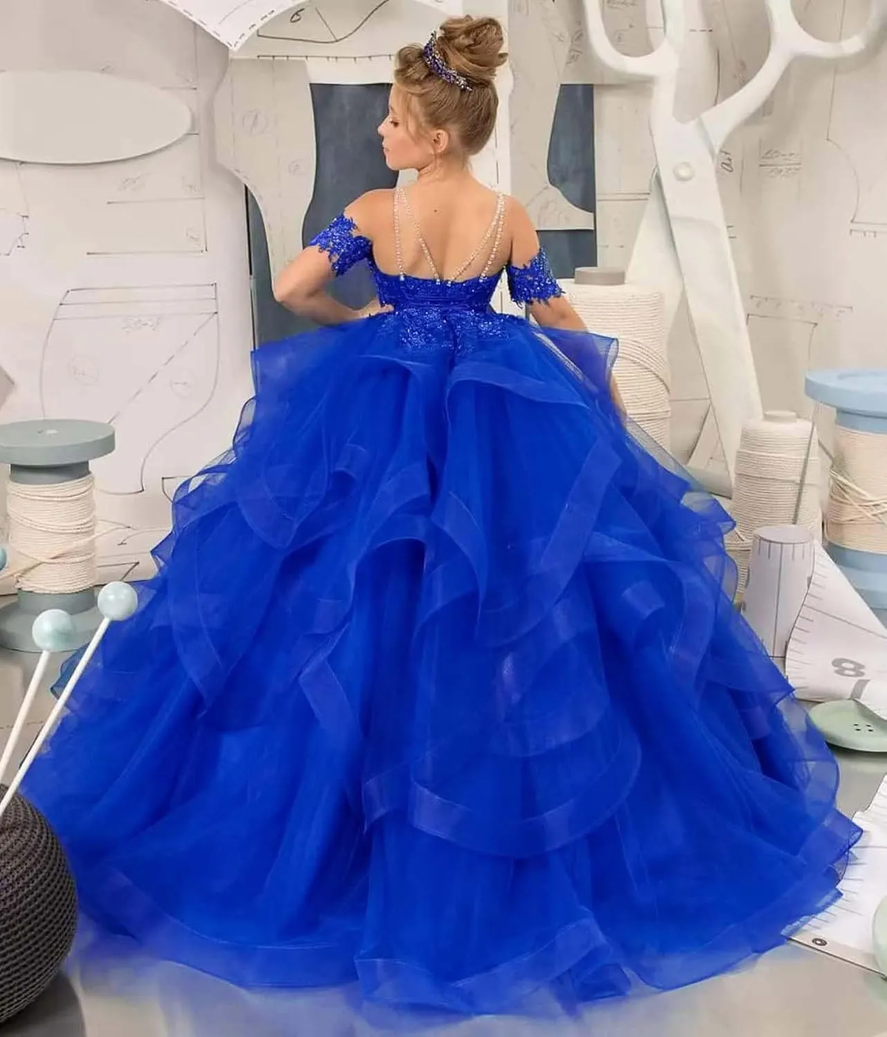 Off Shoulder Pageant Dresses for Girls Lace Applique Ruffle Flower Girl Dress Princess Ball Gown