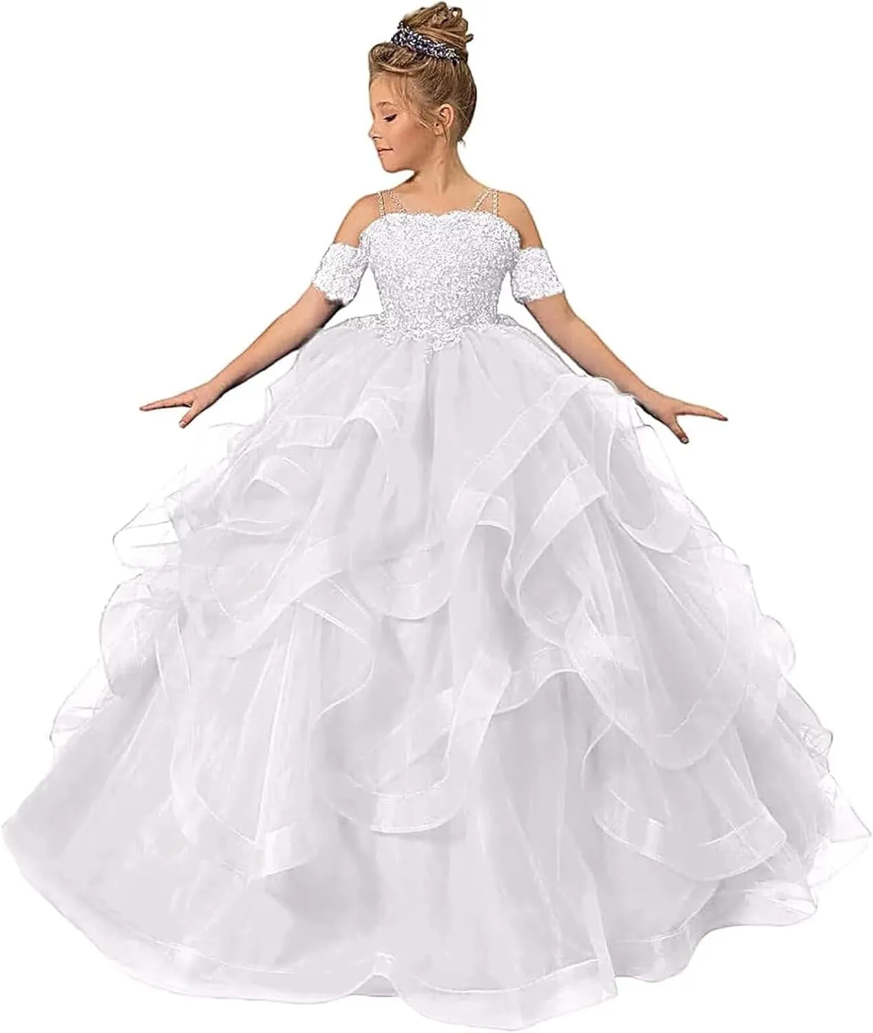 Off Shoulder Pageant Dresses for Girls Lace Applique Ruffle Flower Girl Dress Princess Ball Gown