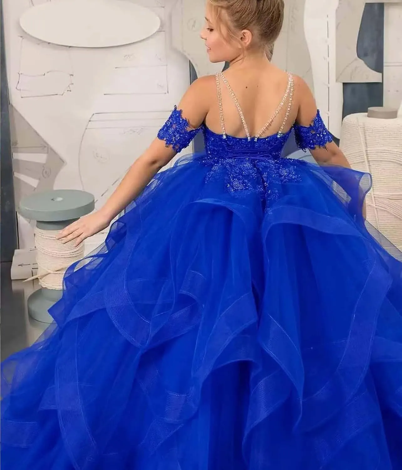 Off Shoulder Pageant Dresses for Girls Lace Applique Ruffle Flower Girl Dress Princess Ball Gown