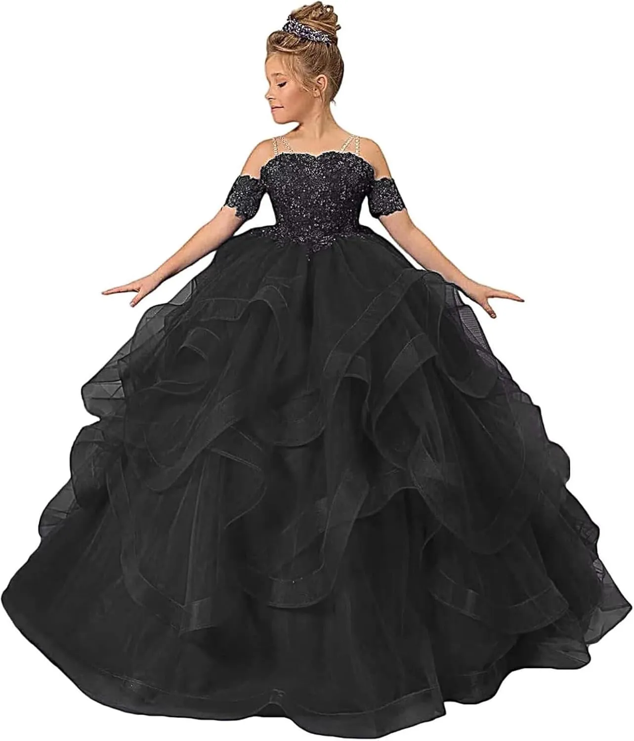 Off Shoulder Pageant Dresses for Girls Lace Applique Ruffle Flower Girl Dress Princess Ball Gown