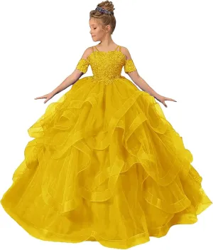 Off Shoulder Pageant Dresses for Girls Lace Applique Ruffle Flower Girl Dress Princess Ball Gown
