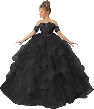 Off Shoulder Pageant Dresses for Girls Lace Applique Ruffle Flower Girl Dress Princess Ball Gown