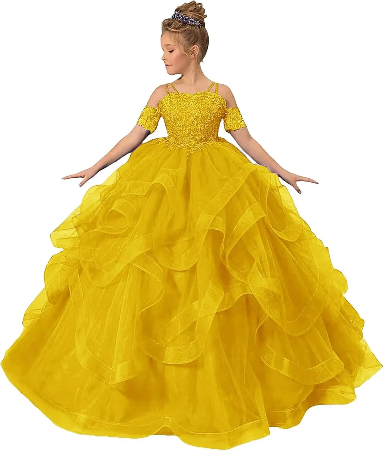 Off Shoulder Pageant Dresses for Girls Lace Applique Ruffle Flower Girl Dress Princess Ball Gown