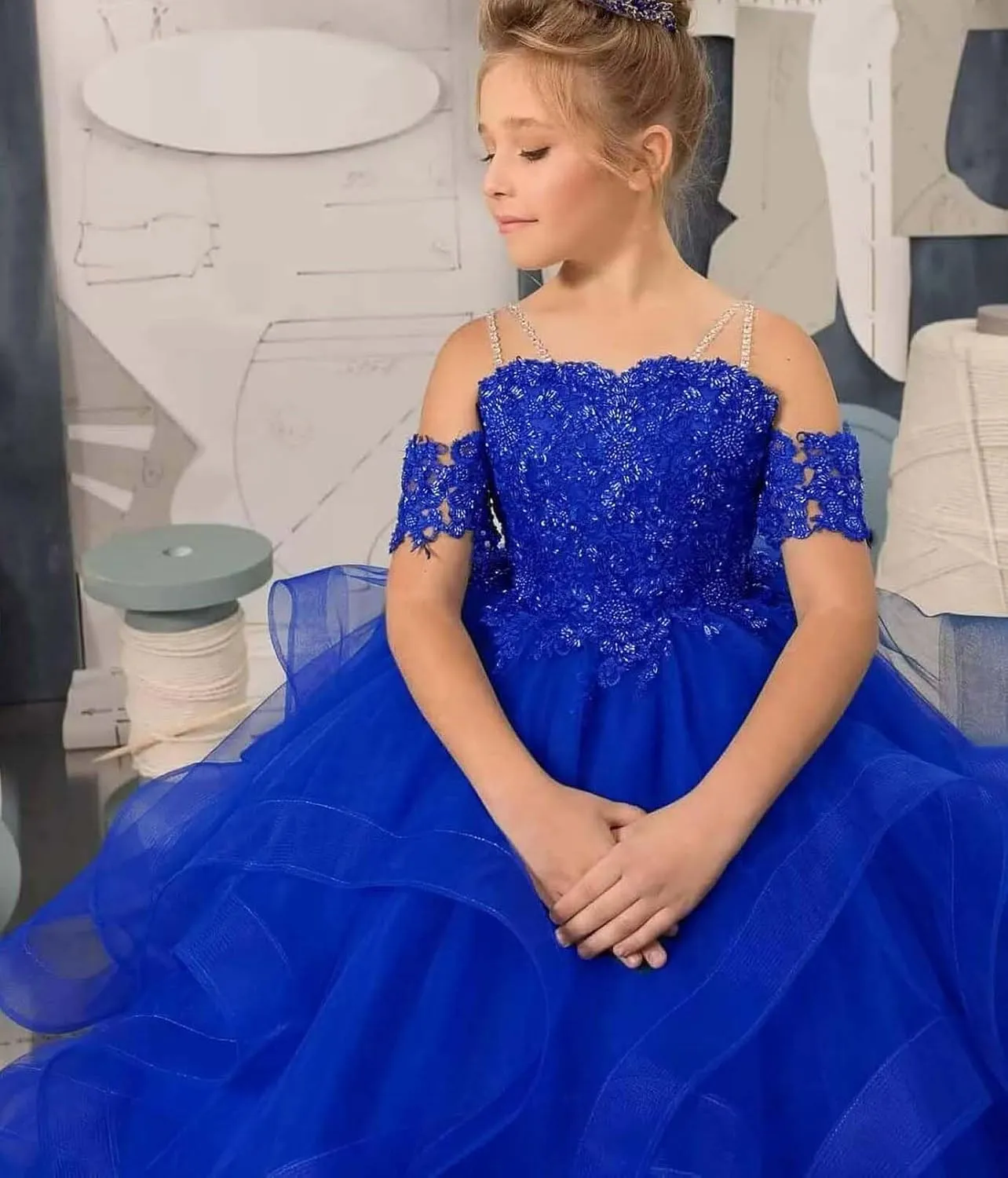 Off Shoulder Pageant Dresses for Girls Lace Applique Ruffle Flower Girl Dress Princess Ball Gown